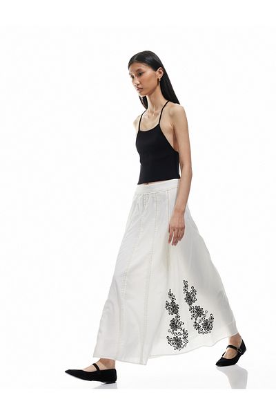 Koton Cotton Lined Long Flared Skirt with Embroidery Detail
