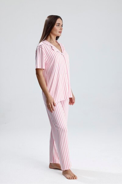 Kompedan Kadın Kısa Kollu Dikey Çizgili Pijama Takımı | Pembe
