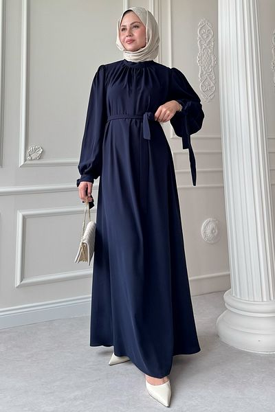 InStyle Navy Blue Dress with Belted Sleeves