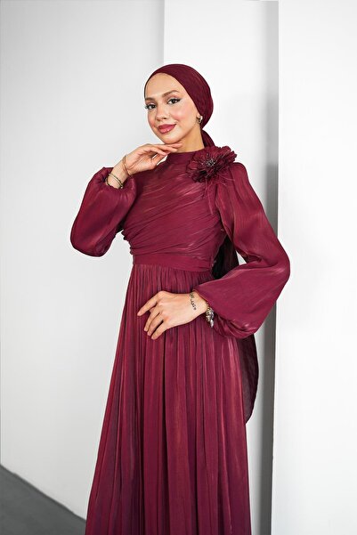 hakimoda Tesettür Efruz Işıltı Abiye Bordo