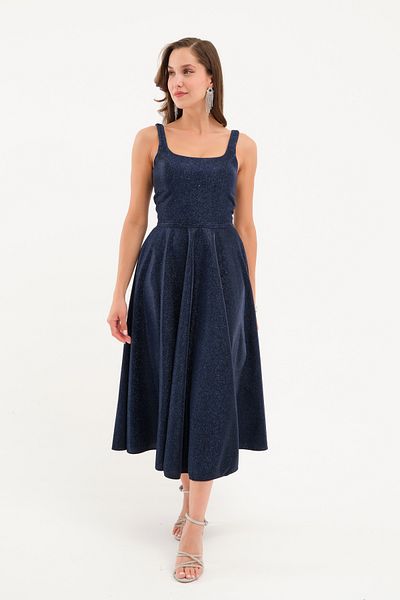 Lafaba Women's Navy Blue Strap Glitter Midi Graduation Evening Dress
