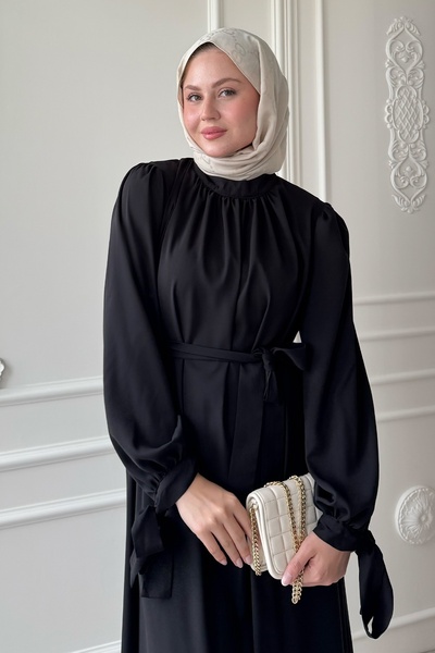 InStyle Kolu Kuşak Bağlamalı Siyah Elbise