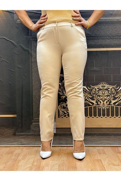 Yeşilmoda Fabric Pants, Plain, Women'S, Casual, Pocket, Button, Zipper, Cream Color, High Waist