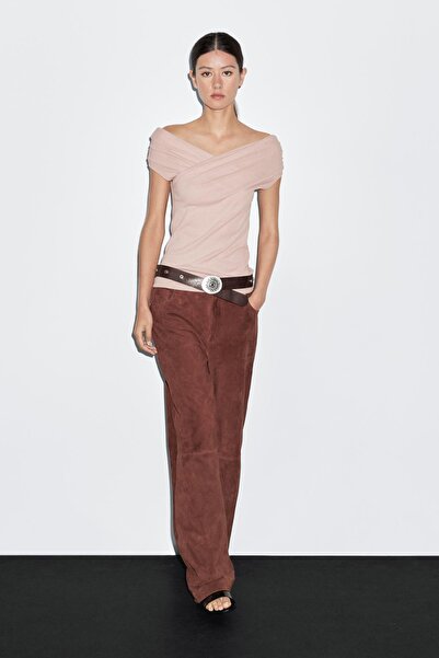 Massimo Dutti %100 pamuklu kruvaze kayık yaka top