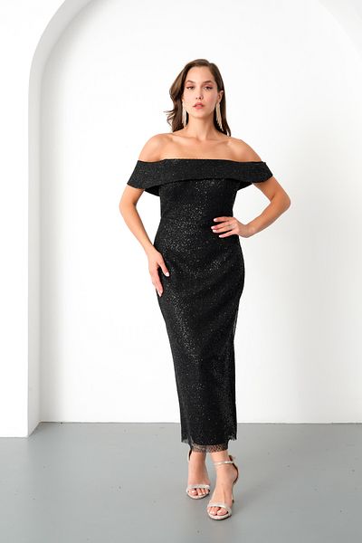 Lafaba Women's Black Madonna Collar Midi Evening Dress