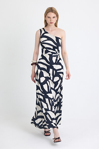 Rays Rochie maxi cu un singur umăr cu imprimeu negru-bej 231660