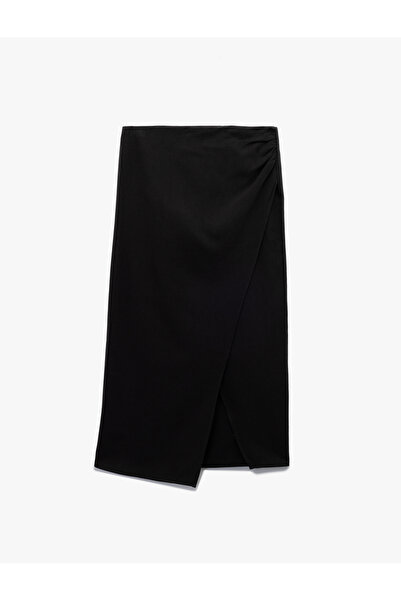 Koton Keten Karışımlı Drape Detaylı Yırtmaçlı Asimetrik Midi Kruvaze Etek