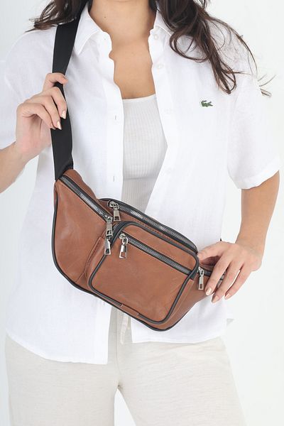 NahitaTyana Unisex Tan Multi-Pocket Genuine Leather Freebag Waist Bag and Shoulder Bag