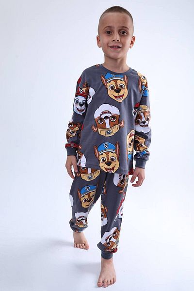 Pajama Shop Boys' 100% Cotton Anthracite Gray Puppies Patterned Long Sleeve Winter Pajama Set