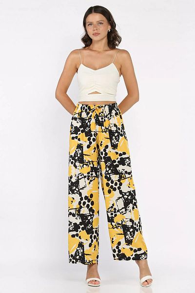 GÜLSELİ Yellow Women's Patterned Viscose Walking Pants