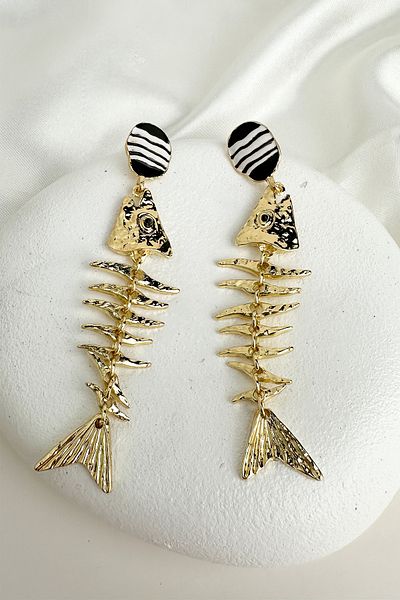 Modex Black and White Oval Detail Fish Bone Dangle Earrings (9cm)