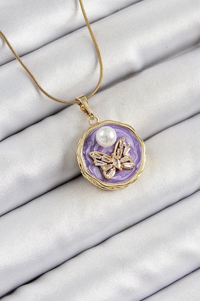 Ekince 316L Steel Chain Zircon Stone Purple Artistic Portrait Pearl Detailed Butterfly Model Gold Color Women's Necklace