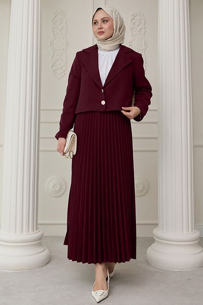InStyle Burgundy Suit with Two Button Jacket and Pleated Skirt