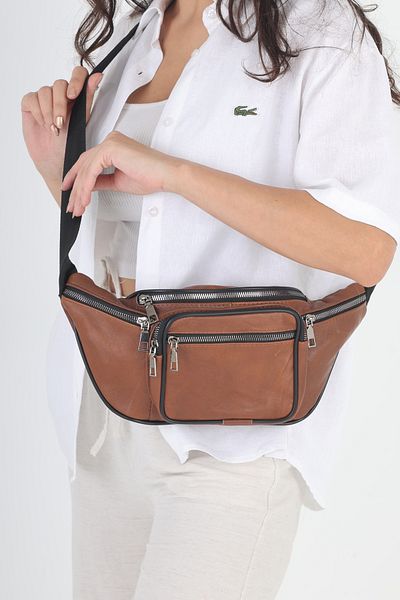 NahitaTyana Unisex Tan Multi-Pocket Genuine Leather Freebag Waist Bag and Shoulder Bag