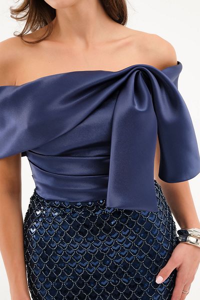 Lafaba Women's Navy Blue Boat Neck Sequin Embroidered Promise Engagement Wedding Evening Dress