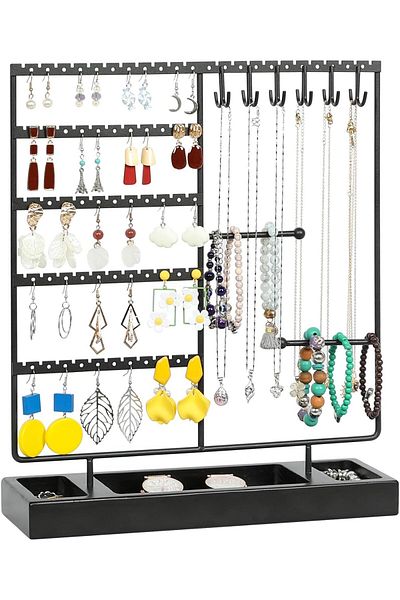 COOYA Jewelry Holder Organizer Stand Tree,for Jewelry Display and Storage,with 66 Holes,12 Hooks,Ring Tray