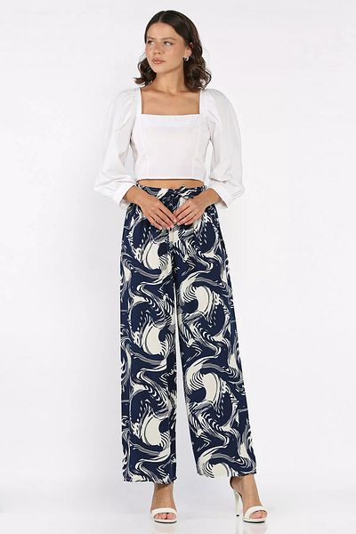 GÜLSELİ Navy Blue Patterned Waist Elastic Viscose Walking Pants
