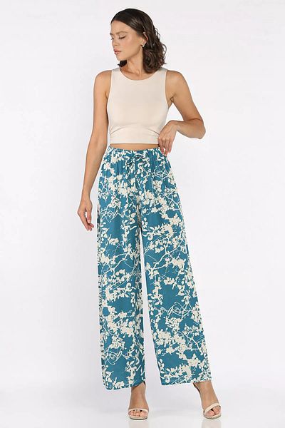 GÜLSELİ Petrol Waist Elastic Wide Leg Women's Viscose Walking Trousers