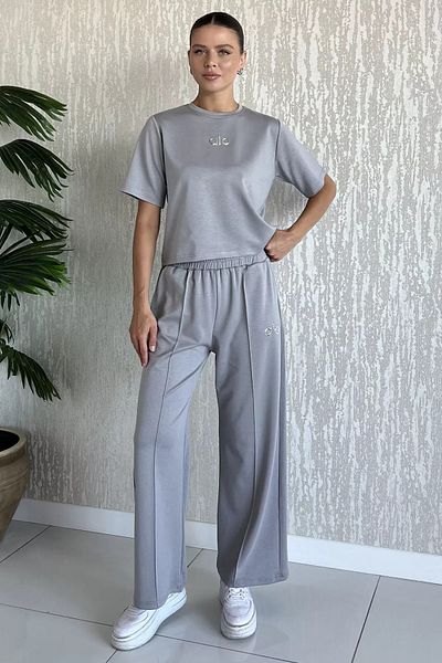 GÜLSELİ Gray Women's Grass Palazzo Trousers T-Shirt Double Set