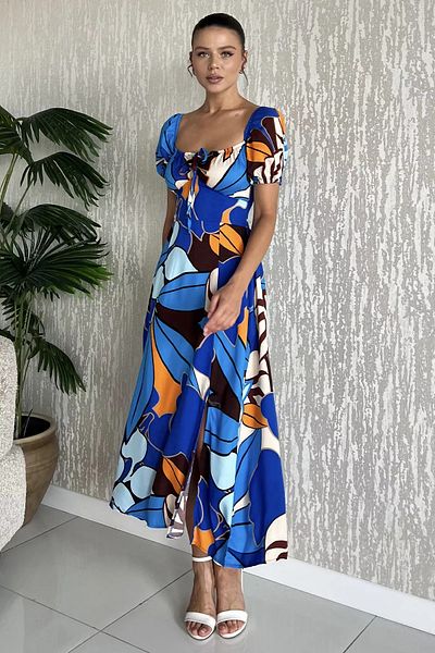 GÜLSELİ Rochie de damă Sax Blue din viscoză, cu model, cu deschidere, cu spatele elastic și detaliu de șireturi