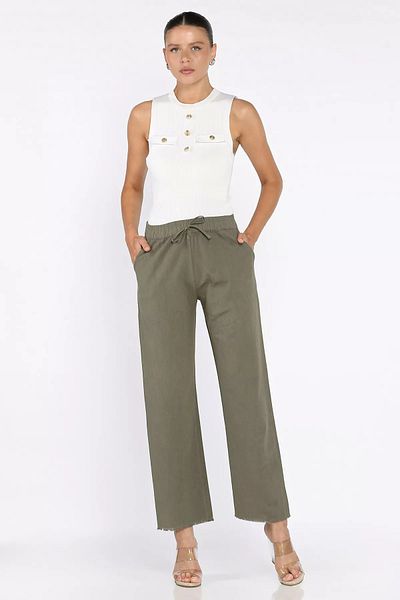 GÜLSELİ Khaki Elastic Waist Tassel Women's Linen Pants