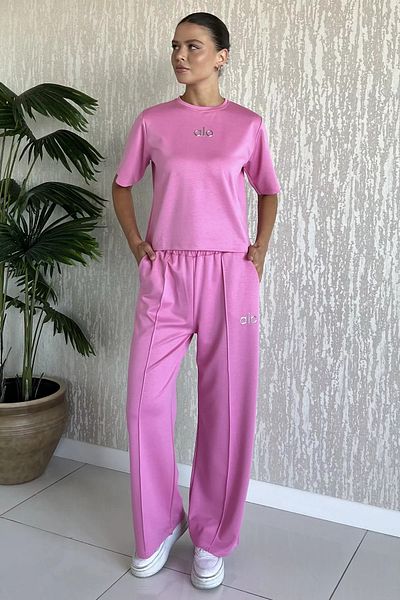GÜLSELİ Pink Women's Grass Palazzo Trousers T-Shirt Double Set