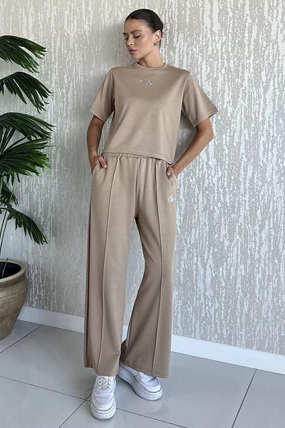 GÜLSELİ Beige Women's Grass Palazzo Trousers T-Shirt Double Set