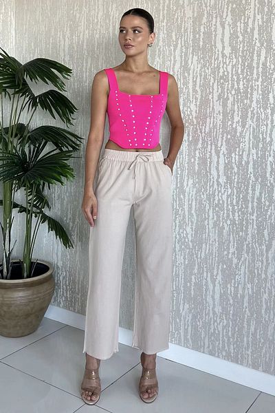GÜLSELİ Women's Linen Trousers with Stone Waist Elastic Leg Tassels