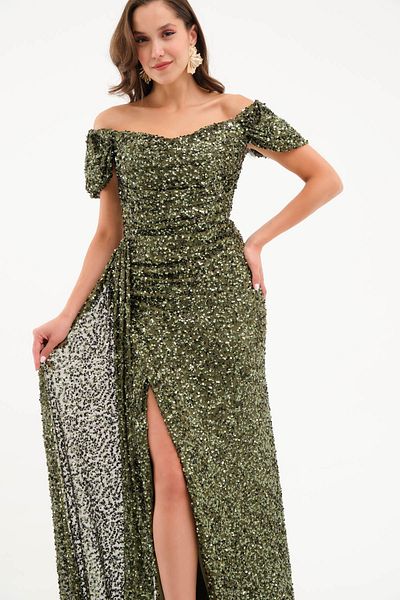 Lafaba Women's Khaki Sequin Sequin Embroidered Long Evening Dress