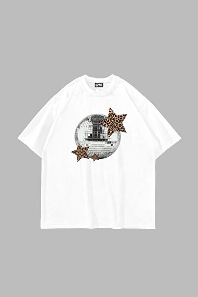 Bak Moda تيشيرت أبيض كبير الحجم مطبوع عليه ديسكو ليوبارد للجنسين