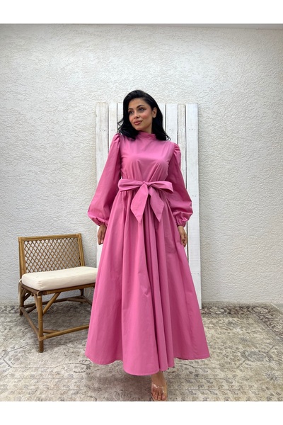 KÜÇÜĞÜM BUTİK Hijab Pink Big Bow Poplin Flared Dress