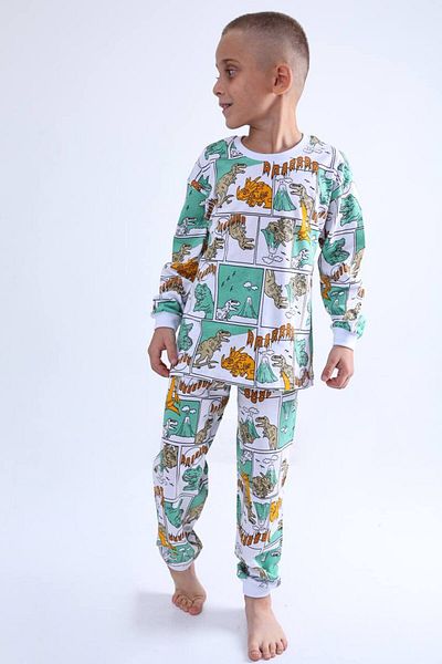 Pajama Shop Boys' 100% Cotton White Green Dinosaur Print Long Sleeve Winter Pajamas Set