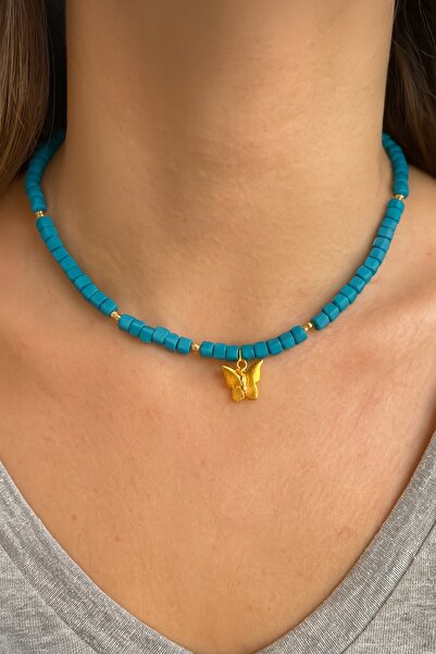 andela قلادة مكعب فيمو باللون الأزرق الفراشة اللؤلؤية