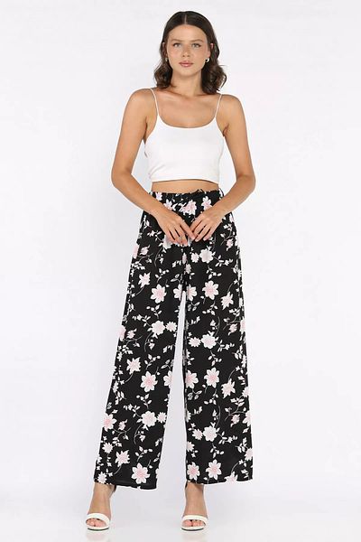 GÜLSELİ Black Women's Floral Patterned Viscose Walking Pants