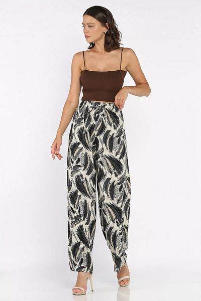 GÜLSELİ Black Women's Patterned Waist Elastic Viscose Walking Pants