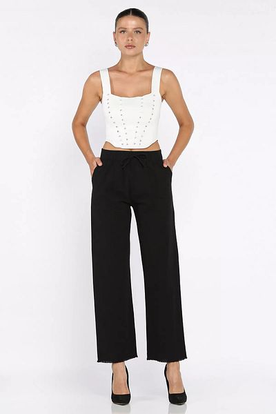 GÜLSELİ Black Women's Linen Trousers with Elastic Waist and Tassels