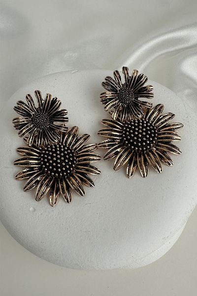 Modex Vintage Gold Color Metal Sun Flower Dangle Earrings (6cm)