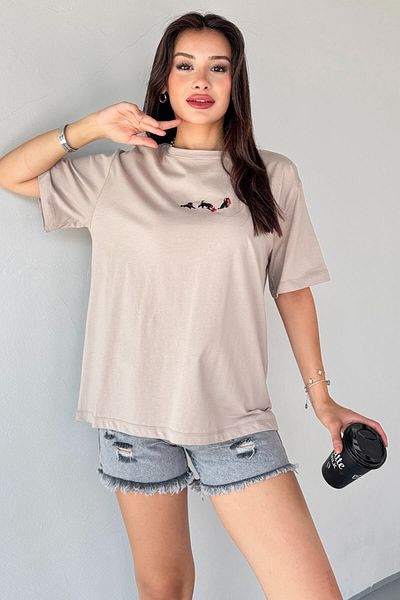 Cappmoda T-912 Mink Dog Embroidered Crew Neck T-Shirt