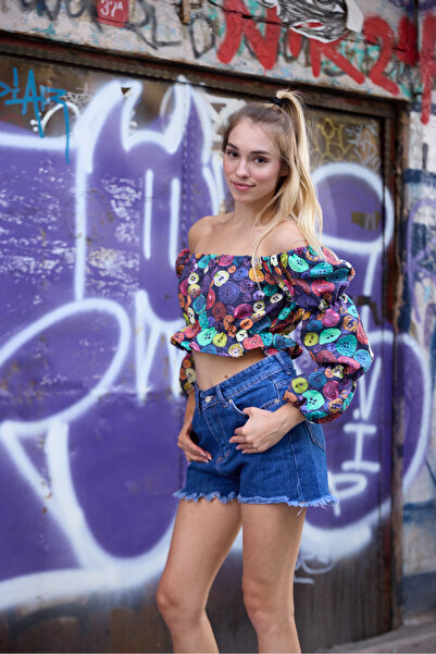 Chica Belia Desenli Omzu Açık Balon Kol Crop
