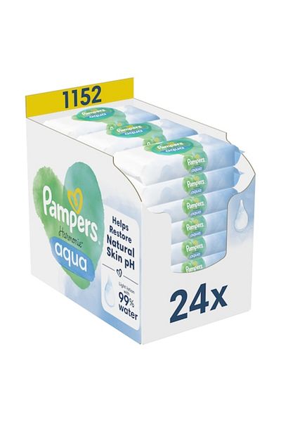 Pampers Harmonie Aqua Wet Wipes, 0% Plastic, 24 Packs x 48, 1152 Pieces