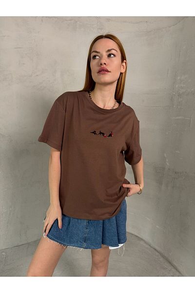 Cappmoda T-912 Brown Dog Embroidery Embroidered Crew Neck T-Shirt