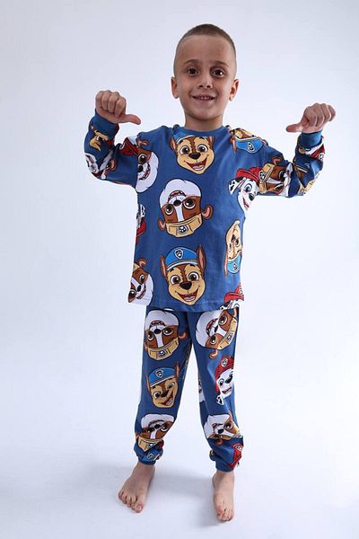 Pajama Shop Boys' 100% Cotton Blue Color Puppies Patterned Long Sleeve Winter Pajama Set