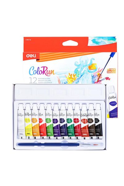 Deli Set de vopsele tempera Deli, paletă cu 12 culori, tuburi de 5 ml, include pensulă, solubile în apă