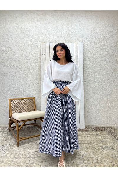 KÜÇÜĞÜM BUTİK Fusta poplin evazată Gingham bleumarin