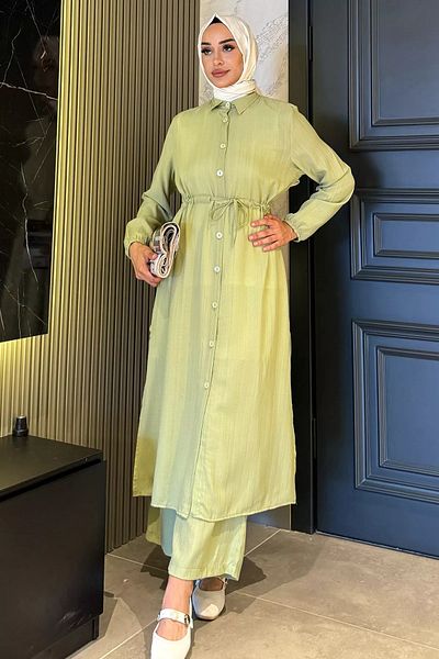 julude Mint Self Patterned Waist Tie Detailed Hijab Tunic Pants Double Set