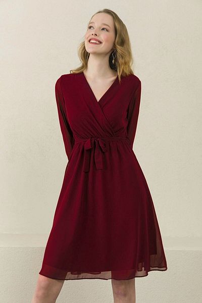 thezkscom Burgundy Double Breasted Collar Short Lined Plus Size Chiffon Dress
