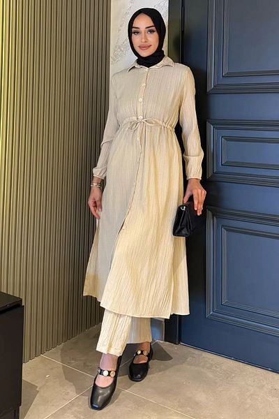 julude Stone Self Patterned Waist Tie Detailed Hijab Tunic Pants Double Set