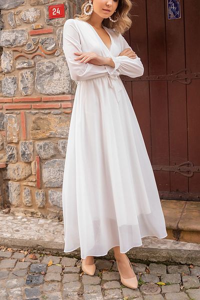 thezkscom Λευκό φόρεμα σιφόν με διπλό γιακά