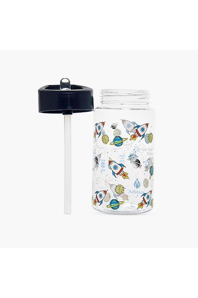 manna Rocket Print Sipper Water Bottle with Name Tag Hanger - 440 ml