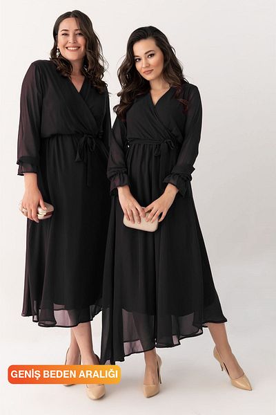 thezkscom Black Long Double Breasted Collar Chiffon Dress